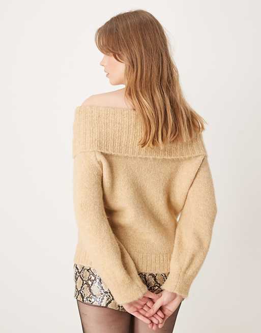 DESIGN Wool Blend Bardot Off Shoulder Jumper In Honey Beige