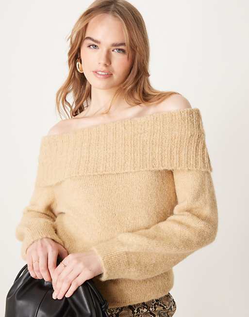 DESIGN wool blend bardot off shoulder jumper in honey beige