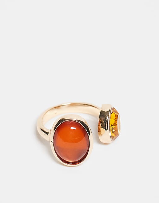 DESIGN wrap around ring with amber faux semi precious stones in gold tone