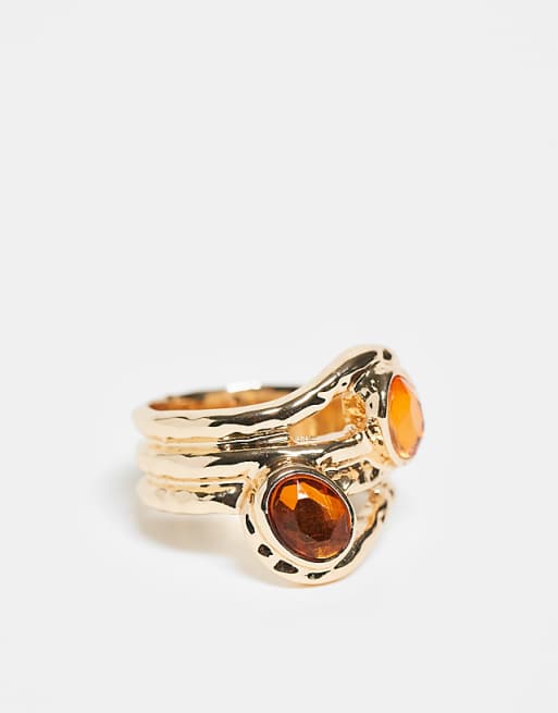 DESIGN wrap around ring with orange faux stone and resin stone set in gold tone