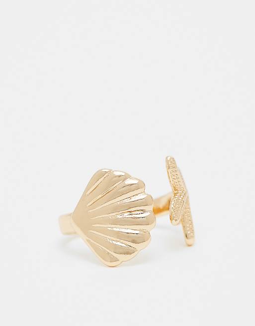 DESIGN wrap around shell ring in gold tone