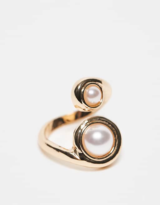 DESIGN wraparound ring with faux pearl detail in gold tone