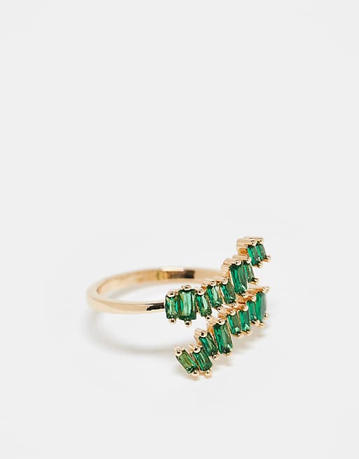 DESIGN wraparound ring with tonal green baguette crystal design in gold tone