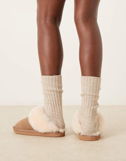 DESIGN Zamber Premium Sheepskin Slippers In Tan Suede