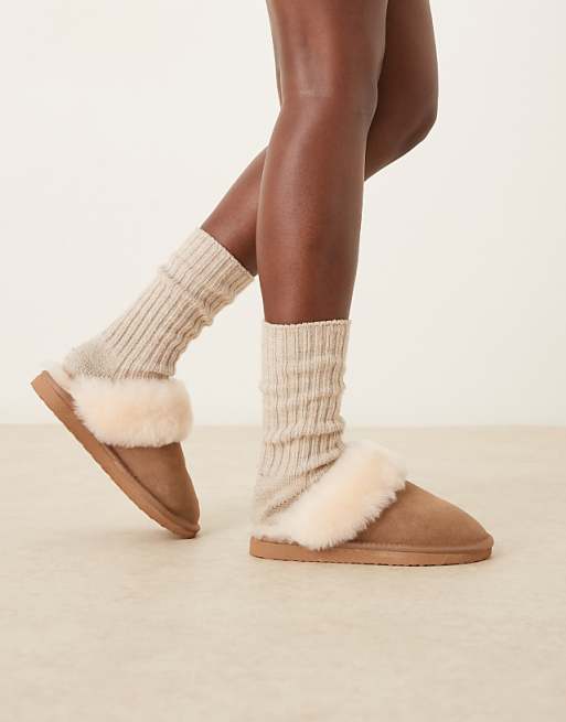 DESIGN Zamber Premium Sheepskin Slippers In Tan Suede