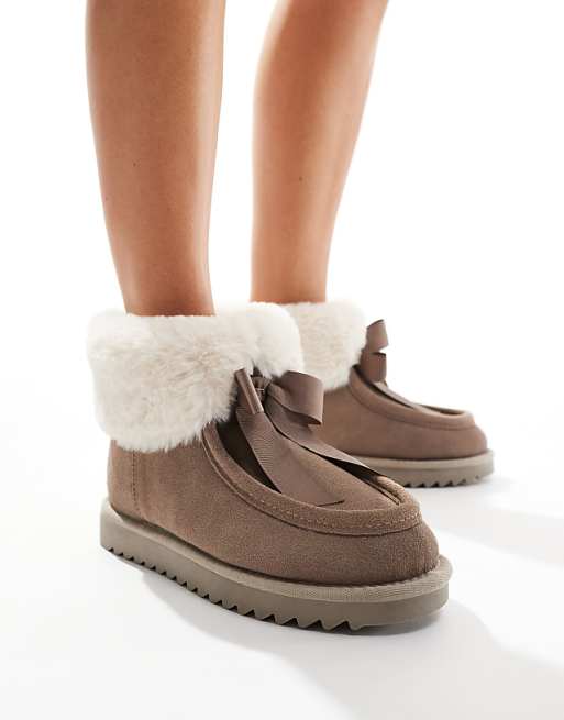 DESIGN Zeppy Bow Detail Premium Suede Bootie Slippers In Taupe