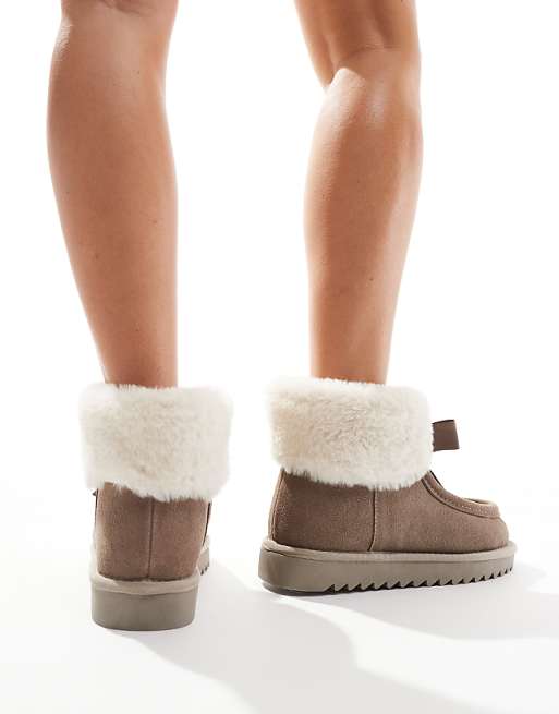 DESIGN Zeppy Bow Detail Premium Suede Bootie Slippers In Taupe