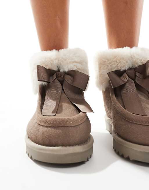 DESIGN Zeppy Bow Detail Premium Suede Bootie Slippers In Taupe
