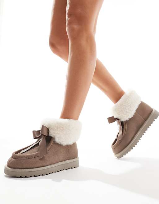 DESIGN Zeppy bow detail premium suede bootie slippers in taupe