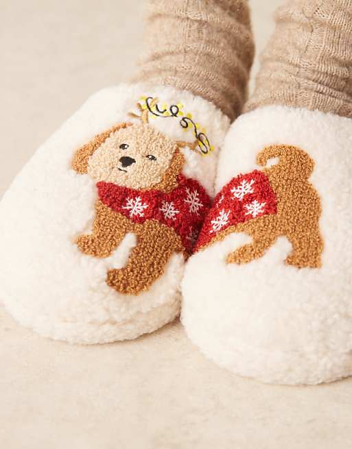 DESIGN Zizi Embroidered Cavapoo Slipper In Cream Borg