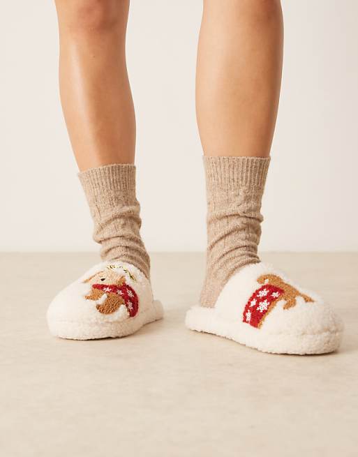 DESIGN Zizi Embroidered Cavapoo Slipper In Cream Borg