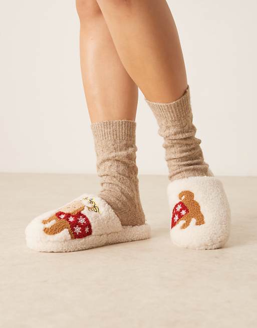 DESIGN Zizi embroidered cavapoo slipper in cream borg