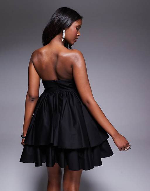 LUXE Bandeau Babydoll Mini Dress With Pleated Bust In Black