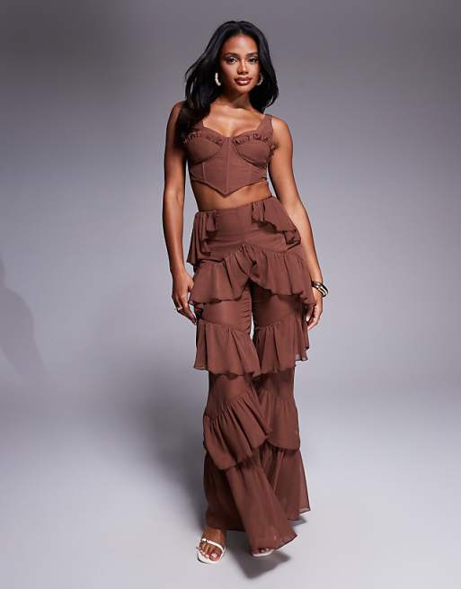 LUXE boho chiffon corset cropped top with ruffle detail and trouser in brown