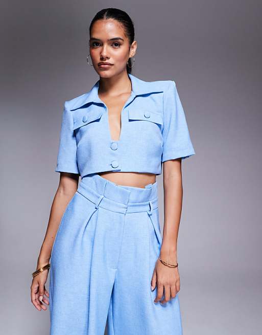LUXE co-ord cropped tailored shirt in light blue
