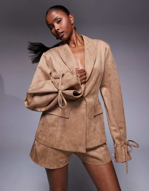 LUXE Co-ord Suedette Blazer With Tie Cuff Detail And Short In Brown