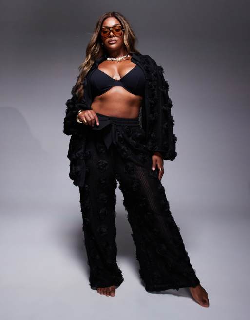 LUXE Curve 3D Floral Oversized Crochet Beach Shirt And Trouser Co-ord In Black