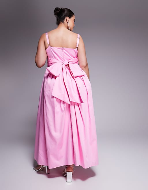 LUXE Curve Cotton Sateen Cinched Waist Bow Back Maxi Dress In Pink