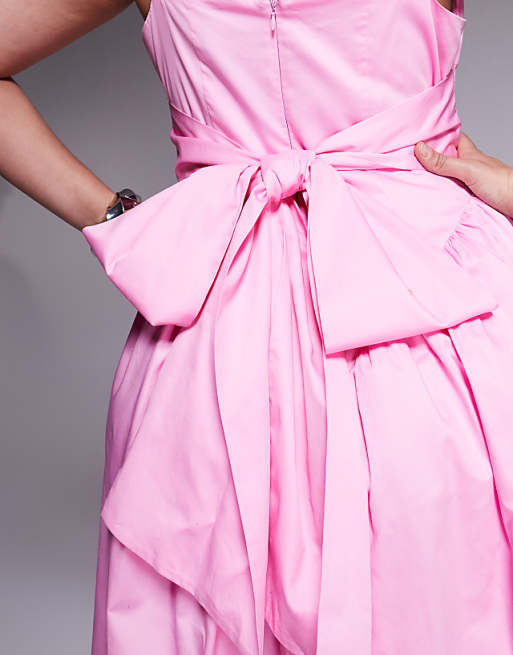 LUXE Curve Cotton Sateen Cinched Waist Bow Back Maxi Dress In Pink
