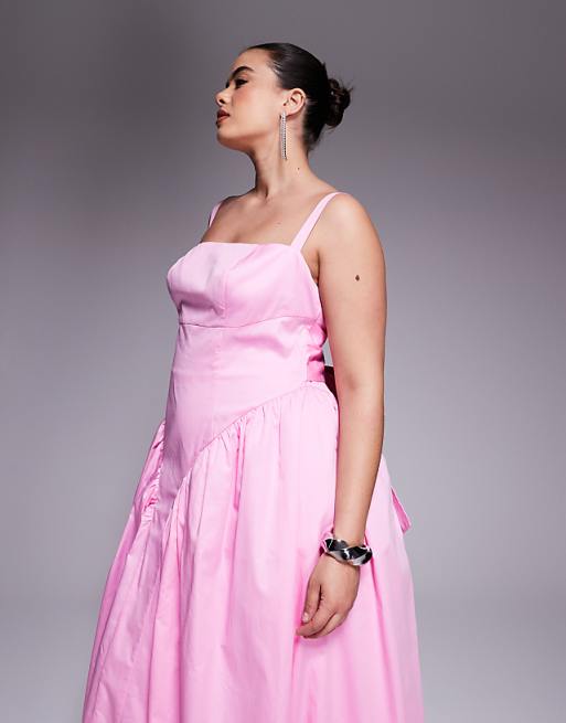 LUXE Curve Cotton Sateen Cinched Waist Bow Back Maxi Dress In Pink