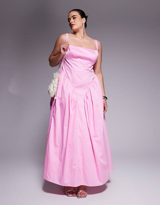 LUXE Curve cotton sateen cinched waist bow back maxi dress in pink