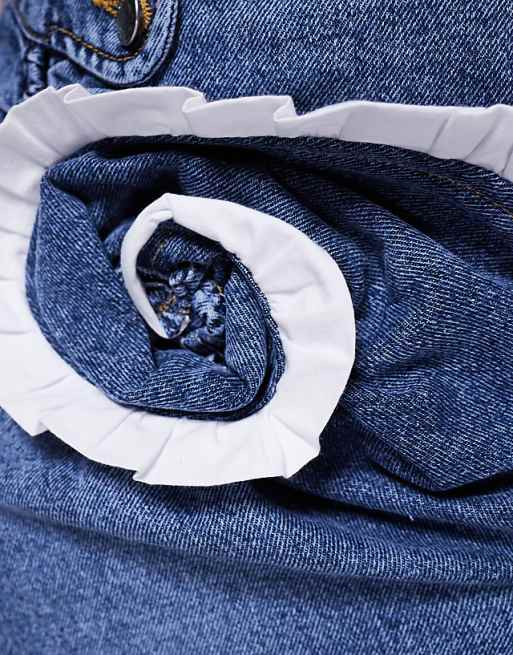 LUXE Denim Corsage Mini Skirt With Poplin Trim In Mid Wash Blue