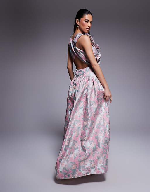 LUXE Jacquard Plunge Drop Waist Corsage Maxi Dress In Ditsy Floral
