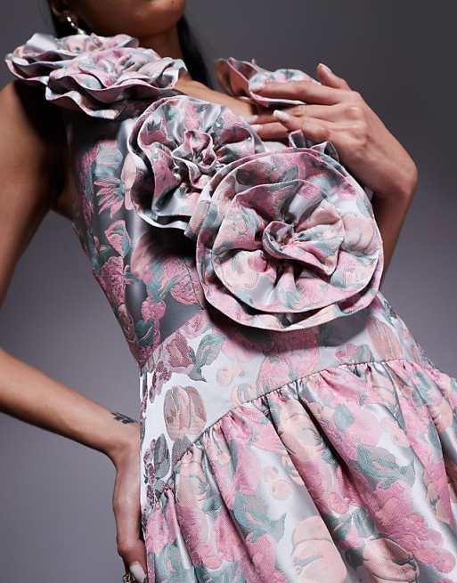 LUXE Jacquard Plunge Drop Waist Corsage Maxi Dress In Ditsy Floral