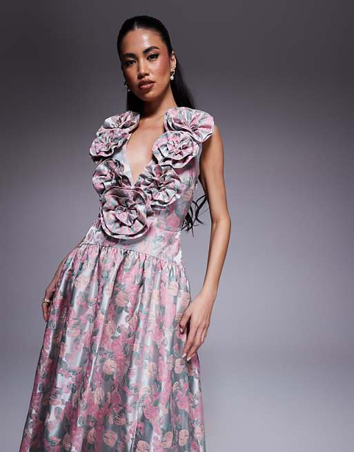 LUXE Jacquard Plunge Drop Waist Corsage Maxi Dress In Ditsy Floral