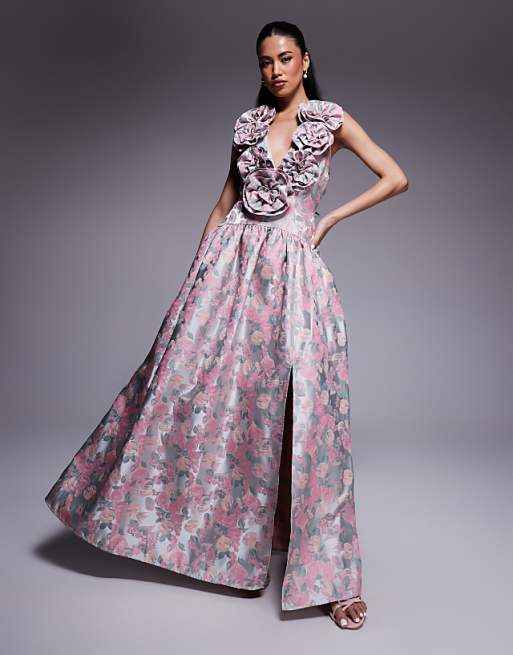 LUXE jacquard plunge drop waist corsage maxi dress in ditsy floral