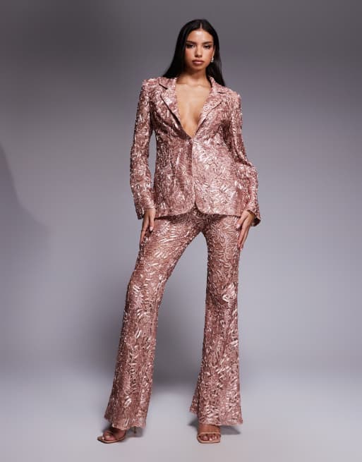 LUXE Lace Tailored Blazer And Kick-flare Trouser In Blush