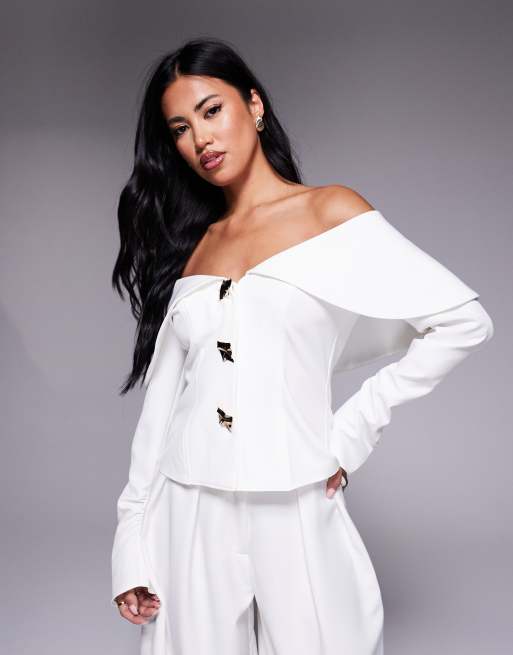 LUXE Off Shoulder Blazer With Gold Hardware And Wide Leg Tailored Trouser In Ivory