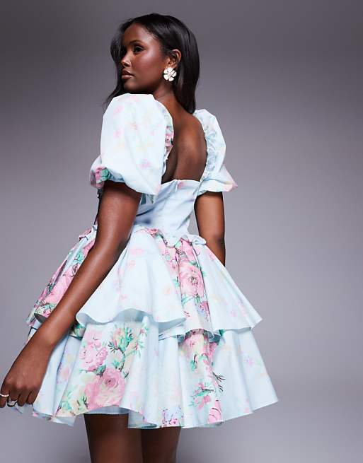 LUXE Organza And Poplin Mix Heart Bust Mini Dress Floral Print