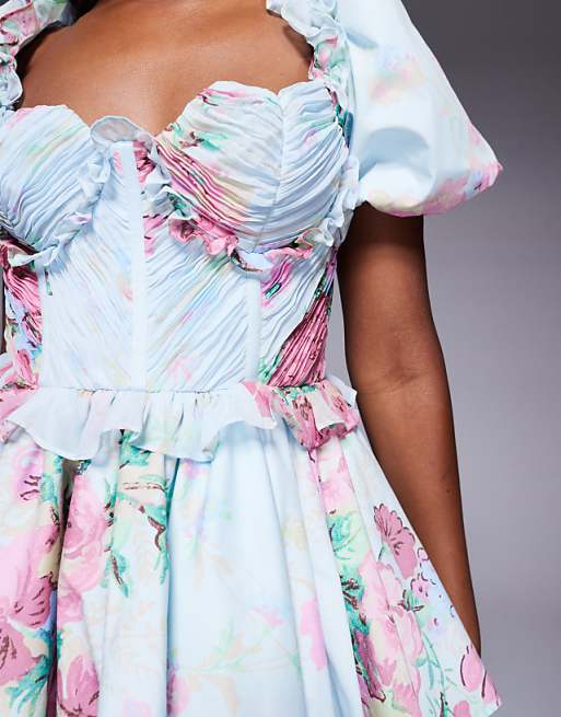 LUXE Organza And Poplin Mix Heart Bust Mini Dress Floral Print