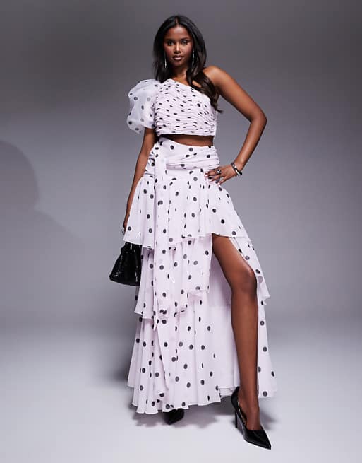 LUXE organza one shoulder blouson sleeve top and ruffle maxi skirt co-ord in polka dot print