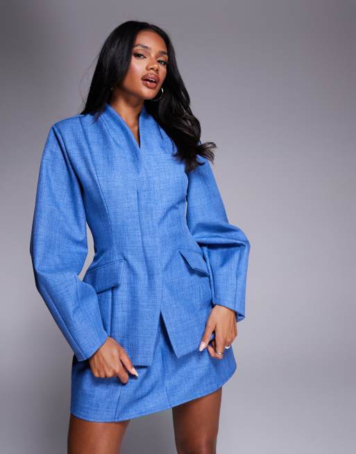 LUXE Structured Linen Sculpted Tailored Blazer And Mini Skirt In Chambray Blue