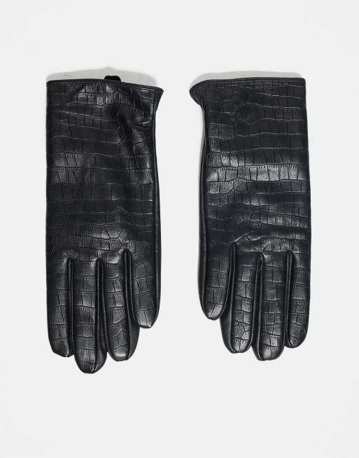 Barneys Originals Leather Gloves In Croc Black