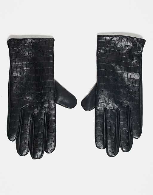 Barneys Originals leather gloves in croc black