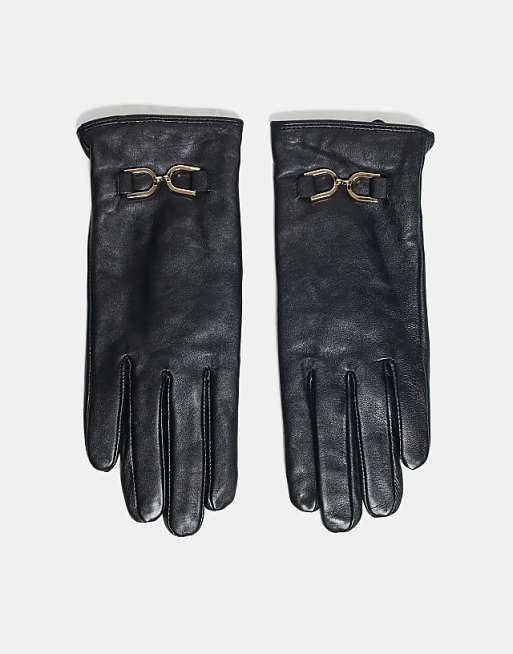 Barneys Originals Leather gloves with gold buckle detail in black