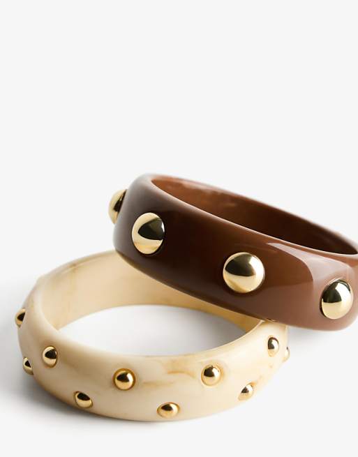 Bershka 2-pack of studded bracelets in brown