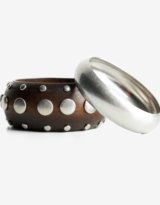 Bershka 2-pack Of Studded Bracelets In Silver