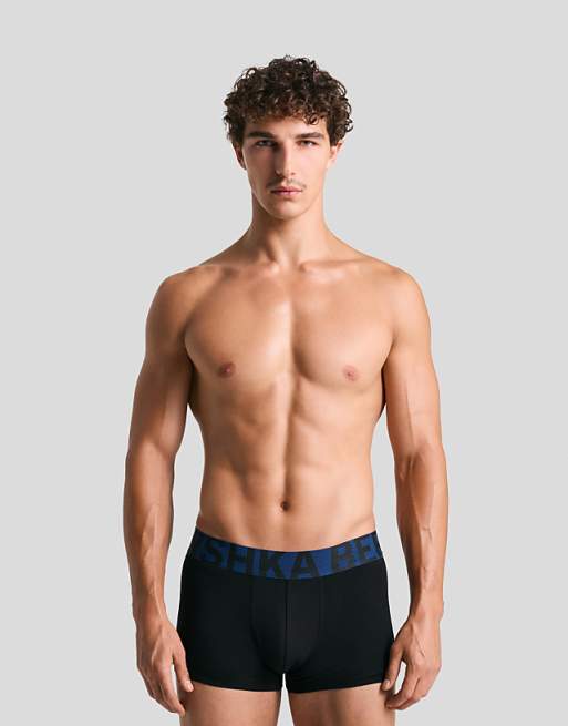 Bershka 3-pack of boxers with wide waistband in denim blue