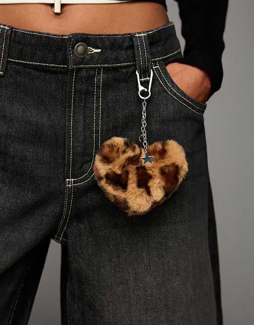 Bershka Animal print heart key ring in brown