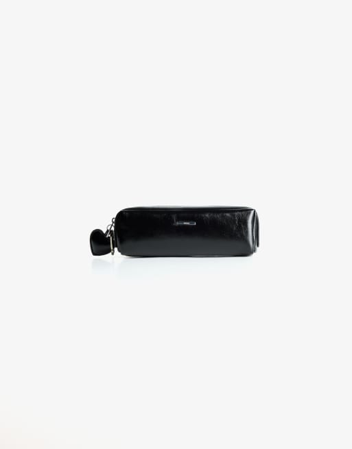Bershka Faux Leather Pencil Case In Black
