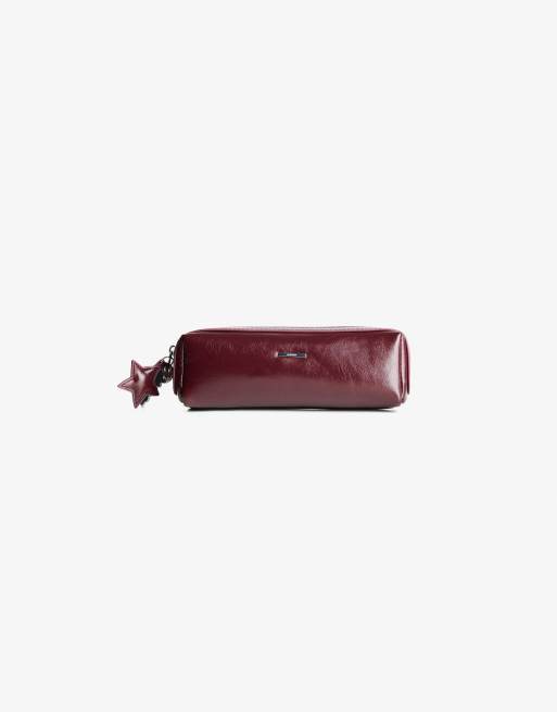 Bershka Faux Leather Pencil Case In Burgundy