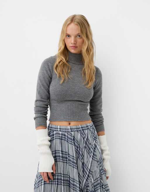 Bershka Long Mittens In Ecru