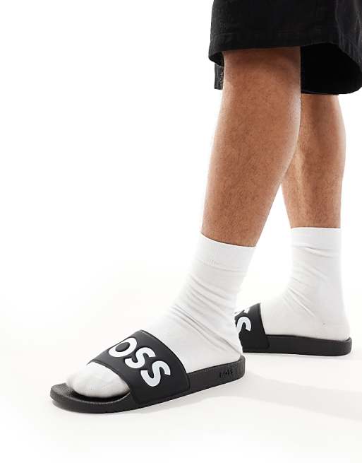 BOSS Aryeh Logo Pool Sliders In Black/white