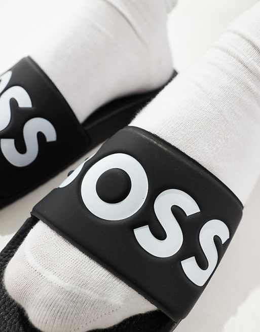 BOSS Aryeh Logo Pool Sliders In Black/white