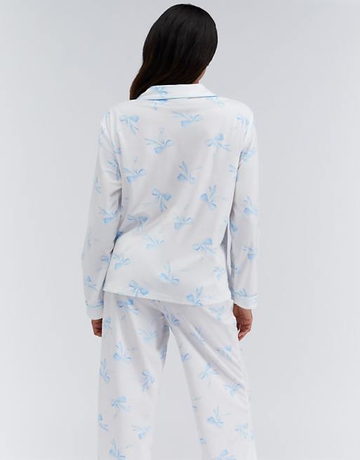 Boux Avenue Bow Print Pyjamas In A Bag Top And Trousers Nightwear Set In Ivory Mix