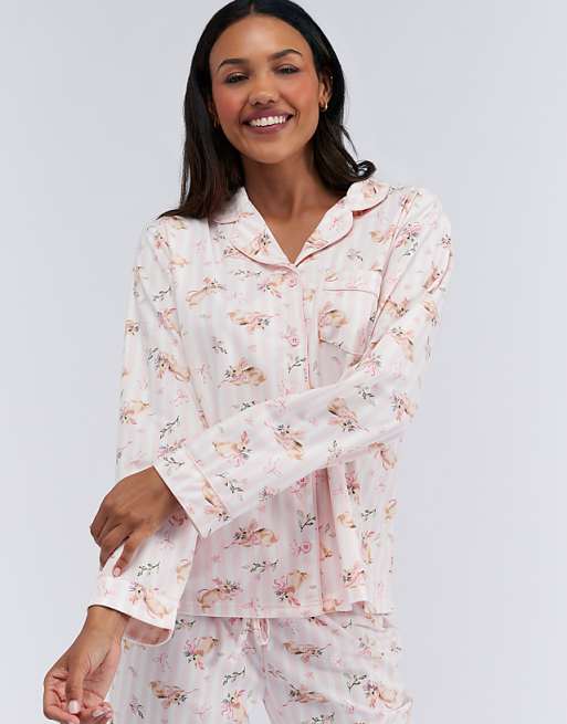 Boux Avenue Bunnies top and bottoms pyjama set with matching bag in powder pink